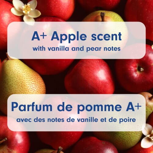 Gros plan sur des pommes rouges et des poires fraîches. Un texte en surimpression décrit le parfum « A+ Apple » comme présentant des notes de vanille et de poire.