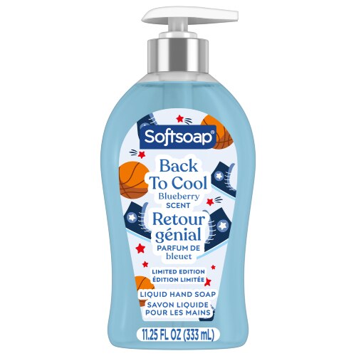 Savon liquide pour les mains Softsoap Back to Cool Blueberry en édition limitée. L'étiquette comprend le texte en français : « Retour génial Parfum de bleuet ».