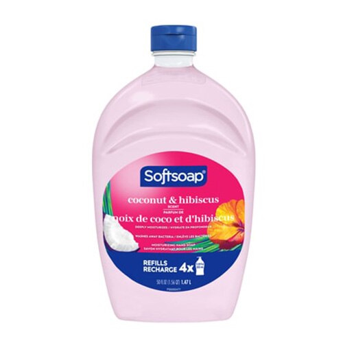 Recharge Softsoap noix de coco et d’hibiscus 4x, grande bouteille rose au bouchon bleu.