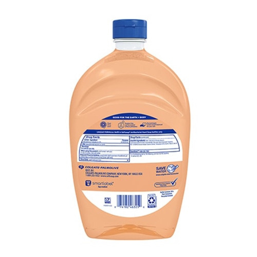 os de la recharge Softsoap antibactérien, grande bouteille orange avec étiquettes d’info et bouchon bleu.