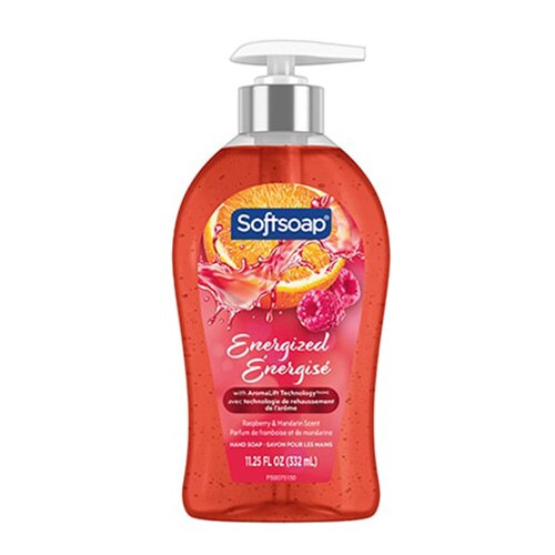 Savon pour les mains Softsoap Énergisé, pompe, parfum framboise et mandarine, vue avant.