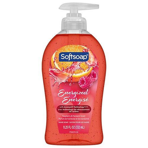 Face avant du flacon de savon pour les mains Softsoap Energized (11,25 oz liq.). Il présente des illustrations de framboise et de mandarine ainsi que la mention « AromaLift Technology ».