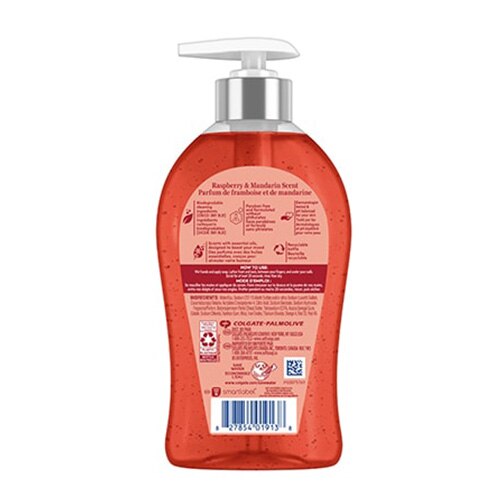 Savon pour les mains Softsoap Énergisé, pompe, vue arrière avec étiquette et code‑barres, parfum framboise et mandarine.