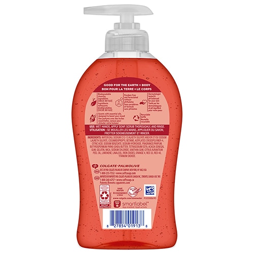 Étiquette au dos du savon pour les mains Softsoap Energized, indiquant la liste des ingrédients, le mode d'emploi, le code-barres UPC et des allégations relatives au développement durable.