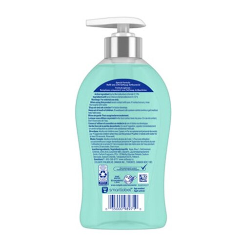 Savon pour les mains Softsoap Antibactérien, pompe, vue arrière avec étiquette et code‑barres, parfum agrumes frais.
