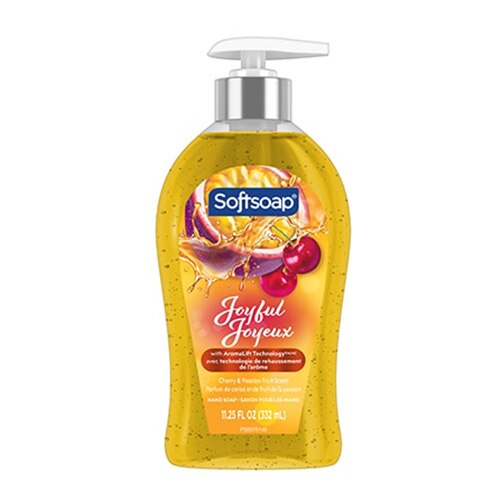 Softsoap Joyful Joyeux hand soap pump, cherry & passion fruit scent, front view.