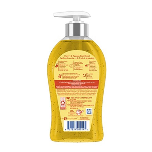 Softsoap Joyful Joyeux hand soap pump, back label with info and ingredients, cherry‑passion scent.