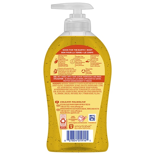 Étiquette au dos du savon pour les mains Softsoap Joyful indiquant les ingrédients, les coordonnées de Colgate-Palmolive, le code QR SmartLabel et les instructions de recyclage.