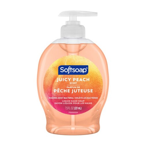 Devant du savon pour les mains Softsoap Pêche juteuse, bouteille pompe pêche 221 mL.