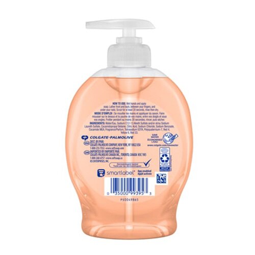Arrière d’un savon liquide pour les mains Softsoap Pêche juteuse, bouteille pompe pêche, étiquette d’infos.