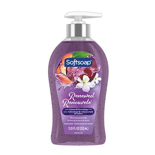 Avant d’un savon à pompe Softsoap violet Renewed, images de prune et jasmin.