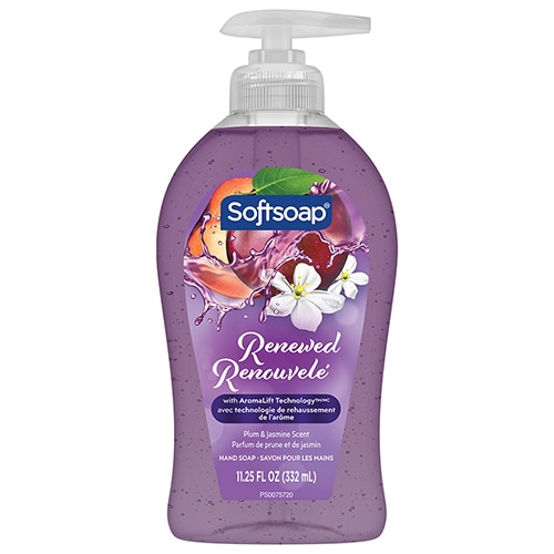 Face avant du flacon de savon pour les mains Softsoap Renewed (11,25 oz liq.). Il présente des motifs de prune et de fleur de jasmin, ainsi que la mention « AromaLift Technology » en anglais et en français.