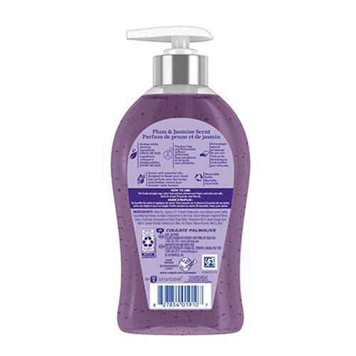 Dos d’un savon à pompe Softsoap violet, parfum prune et jasmin, étiquette et code‑barres.