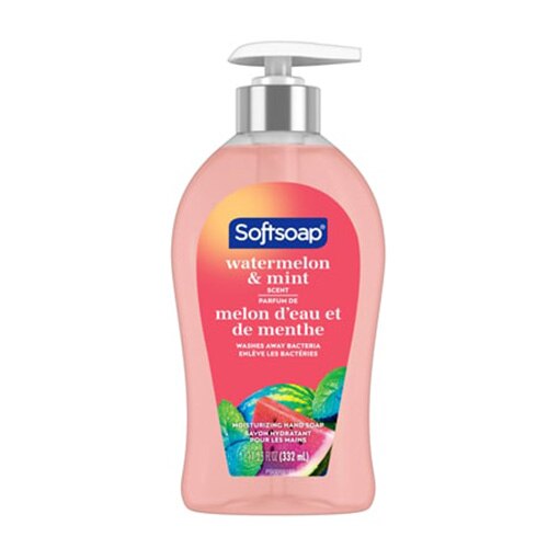 Savon pour les mains Softsoap pastèque et menthe avec pompe de 332 ml, flacon transparent et étiquette bilingue "melon d'eau et de menthe".