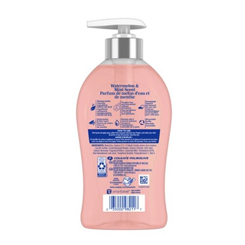 Étiquette arrière du savon Softsoap pastèque et menthe avec ingrédients, mode d'emploi et texte "Parfum de melon d'eau et de menthe".