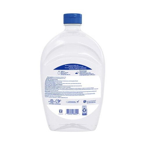 Dos de la bouteille de recharge Softsoap antibactérien avec instructions d'utilisation, ingrédients et texte en français "Formule spéciale".