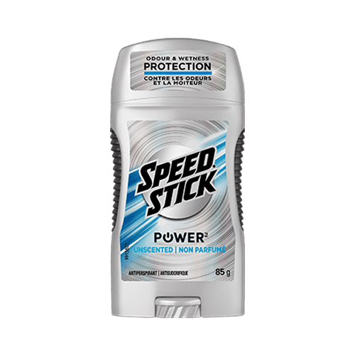 Antisudorifique Speed Stick Power Unscented non parfumé de 85g en bâton gris avec protection contre les odeurs et la moiteur.