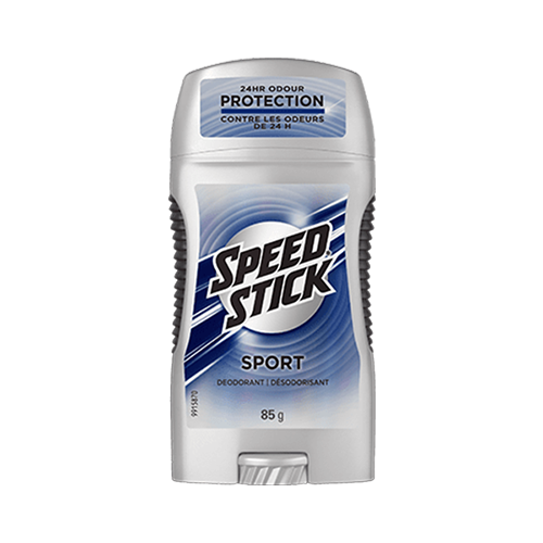 Déodorant Speed Stick Sport, bâton 85 g, étiquette bleue « Protection contre les odeurs 24 h ».